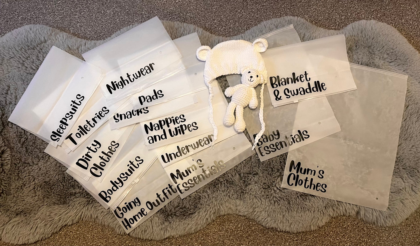 Trendy Birthing Partner Bag: Hospital Bag Organization Kit with 15 Labels.