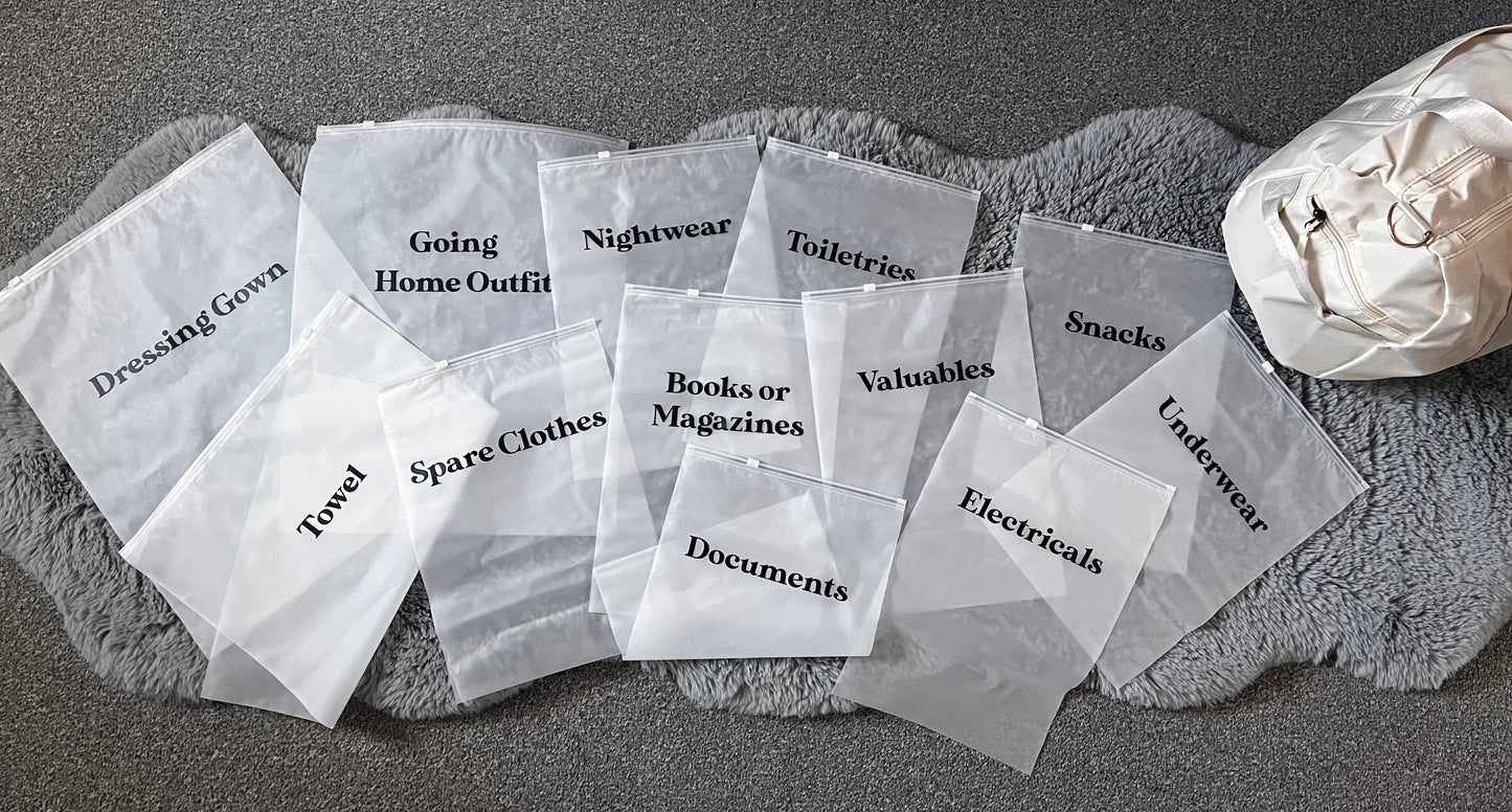 Short-Stay Hospital Bag Organizers with 9 labeled organizers and 1 spare - 24x35cm