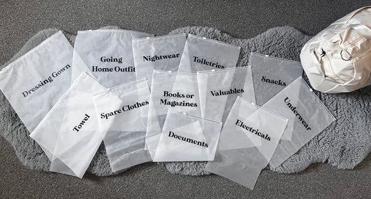 Short-Stay Hospital Bag Organizers with 9 labeled organizers and 1 spare - 24x35cm